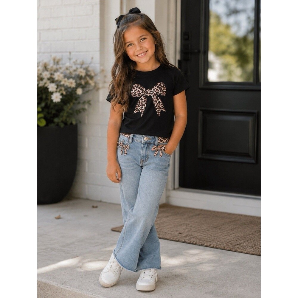 Girls Black T-shirt Graphic Tee Bow Leopard Cute Casual Everyday 6y Short Sleeve